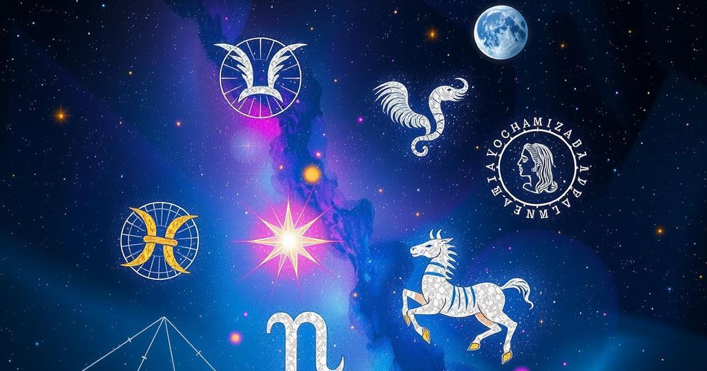 Celestial event with zodiac symbols, a vibrant night sky, emotional energy, and starry constellations representing horoscopes.