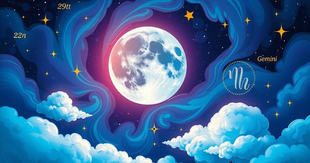 A vibrant celestial illustration featuring a supermoon in Gemini, with astrological symbols and cosmic swirls.
