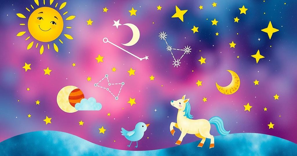 Astrological signs represented by celestial objects and vibrant colours in a whimsical design, depicting energy and creativity.