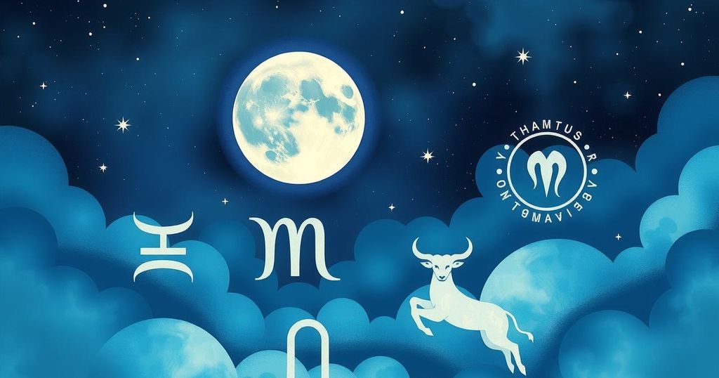 Astrological symbols and celestial elements in a night sky with a Taurus moon background and soft colour palette.