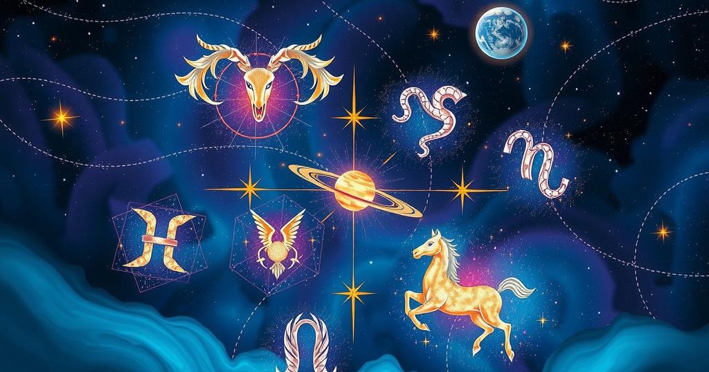 Celestial scene with zodiac symbols and a cosmic backdrop reflecting emotional clarity and introspection.