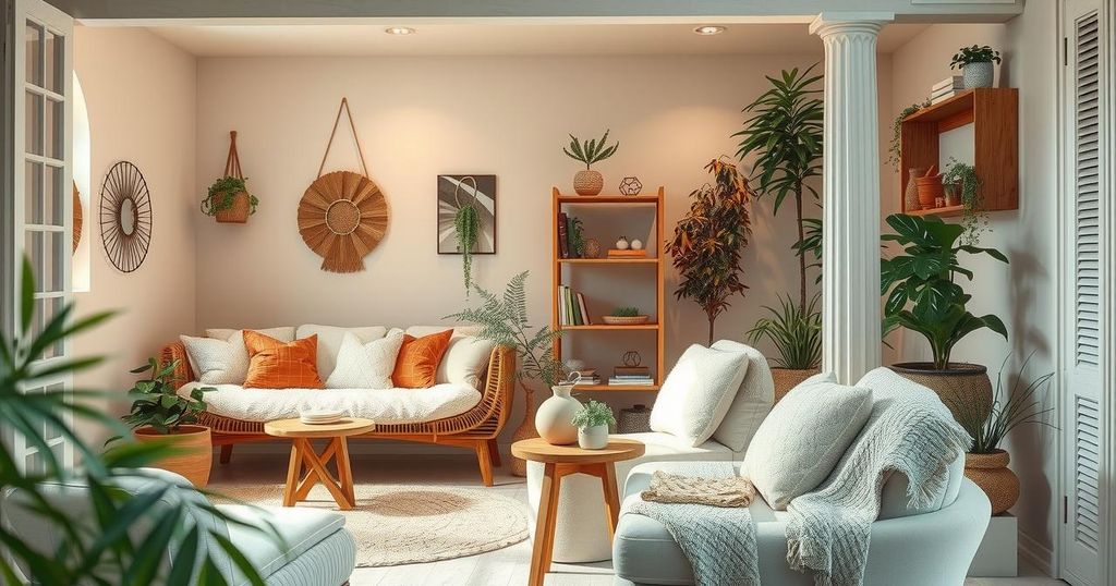 A harmonious home interior reflecting personal comfort and beauty, with warm colours and nature-inspired decor.
