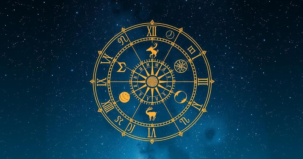 A decorative zodiac wheel with symbols of each sign, set against a starry night sky, emphasising astrology.
