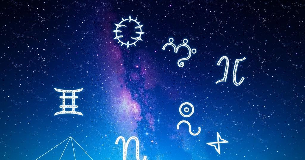 A celestial scene depicting zodiac symbols and constellations against a starry night sky, with a mystical aura.
