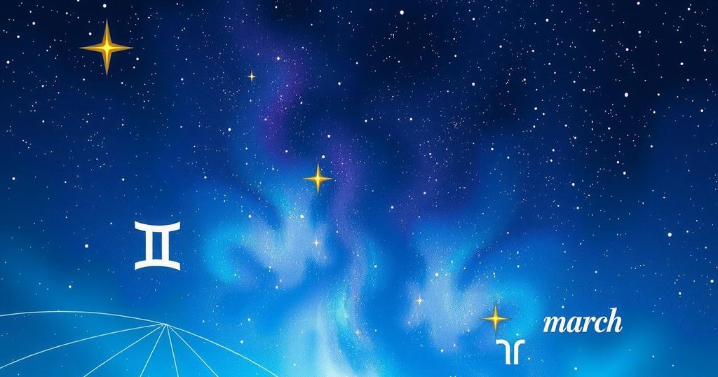 A cosmic background with stars and zodiac symbols representing astrology horoscopes for daily guidance in March.