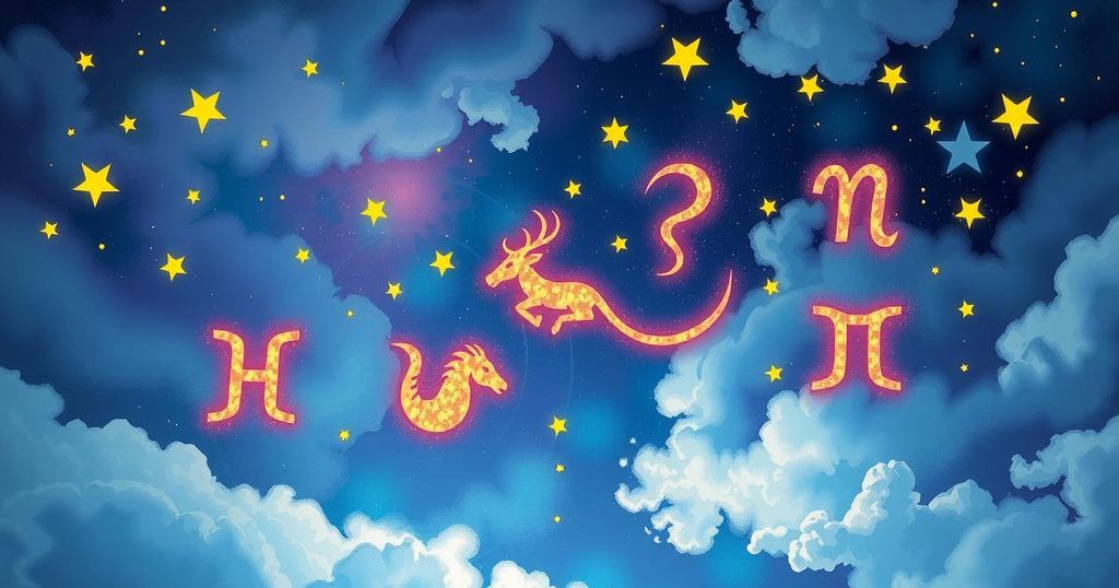 Astrological symbols with vibrant cosmic colours representing zodiac sign transitions and energy shifts.