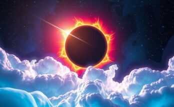 A serene cosmic scene featuring shimmering stars, a glowing solar eclipse, and vibrant colours symbolising zodiac signs.