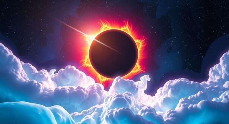 A serene cosmic scene featuring shimmering stars, a glowing solar eclipse, and vibrant colours symbolising zodiac signs.