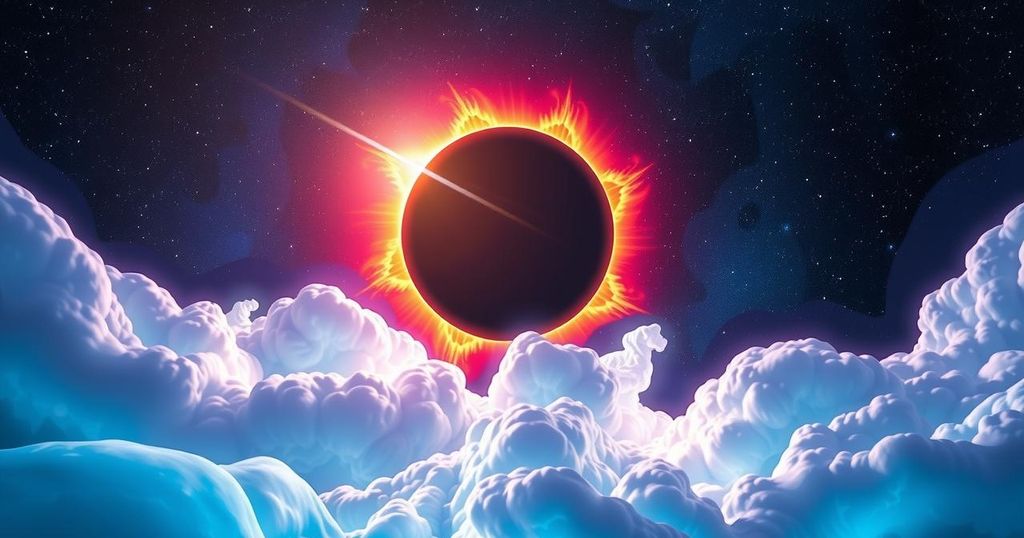 A serene cosmic scene featuring shimmering stars, a glowing solar eclipse, and vibrant colours symbolising zodiac signs.