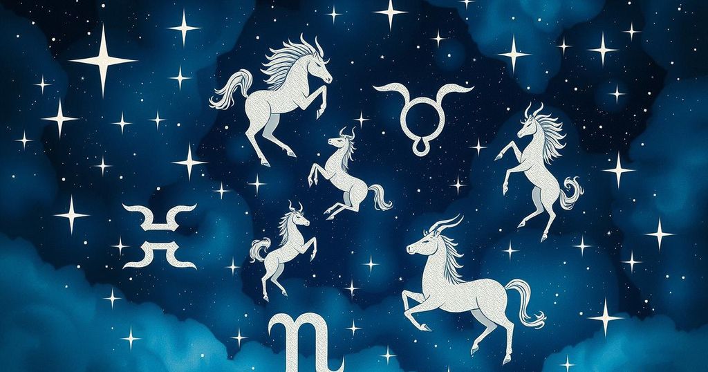 Astrology forecast illustrating zodiac signs with stars and constellations in a celestial blue background.