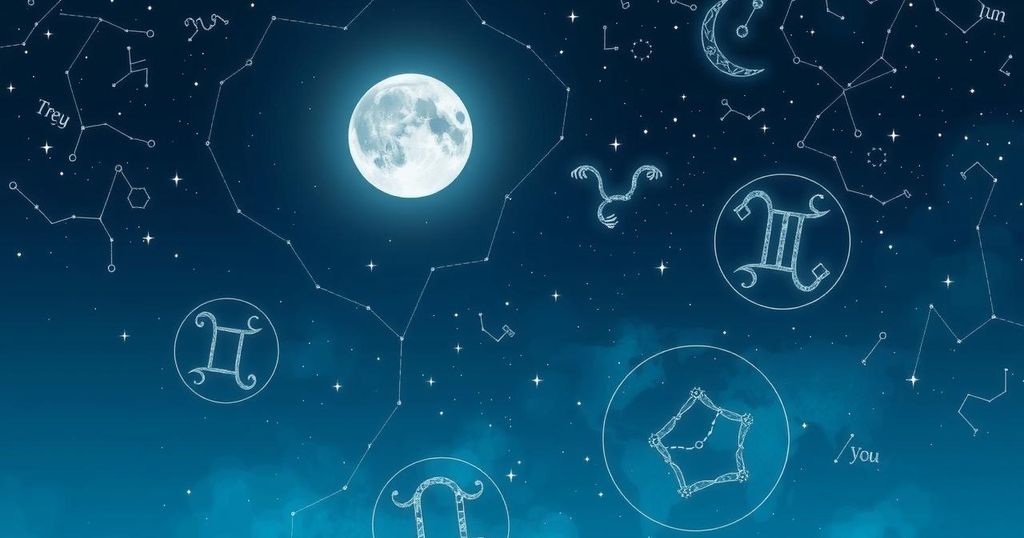 A serene astrological scene with constellations, the moon, and zodiac symbols against a night sky in calming blue tones.