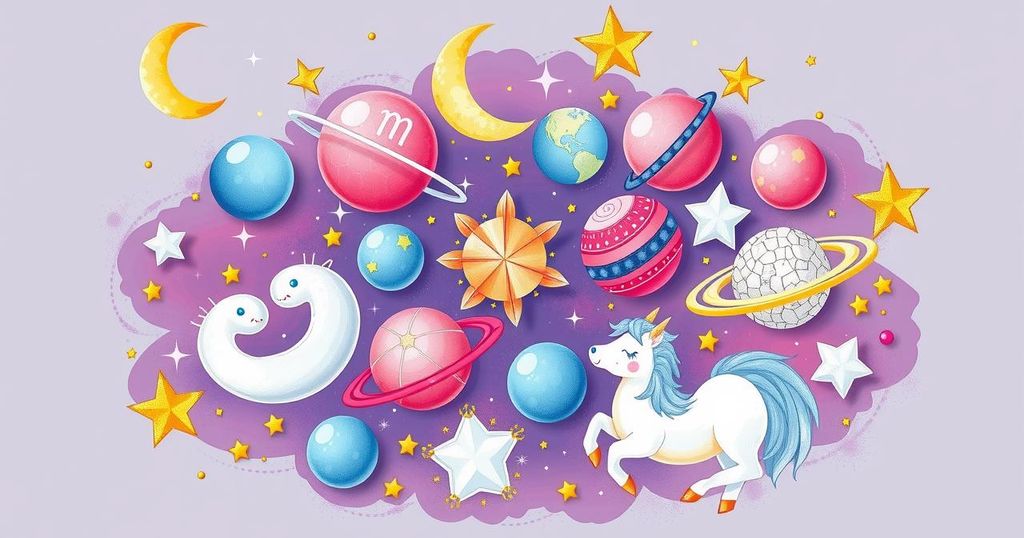 A vibrant astrology-themed illustration depicting zodiac signs and celestial elements in pastel colours.
