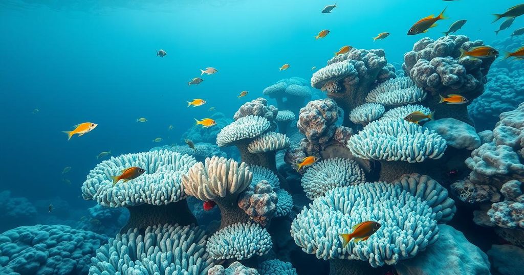 A calming underwater scene featuring moonstone hues, coral reefs, and marine life, reflecting serenity and alertness.