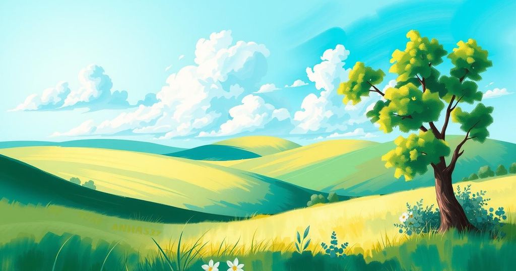 A serene outdoor scene with turquoise skies, soft greenery, and a tranquil atmosphere representing harmony and positivity.