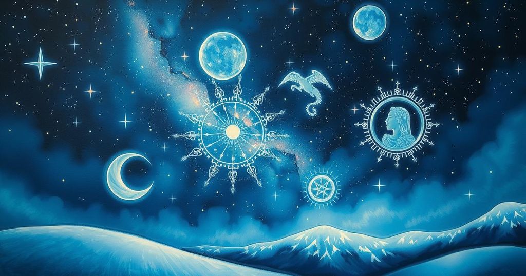 Starry night sky with zodiac symbols, a serene landscape reflecting inner exploration and spiritual growth.