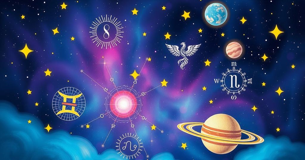 Astrological symbols with a dreamy starry night background, featuring vibrant colors and cosmic elements.