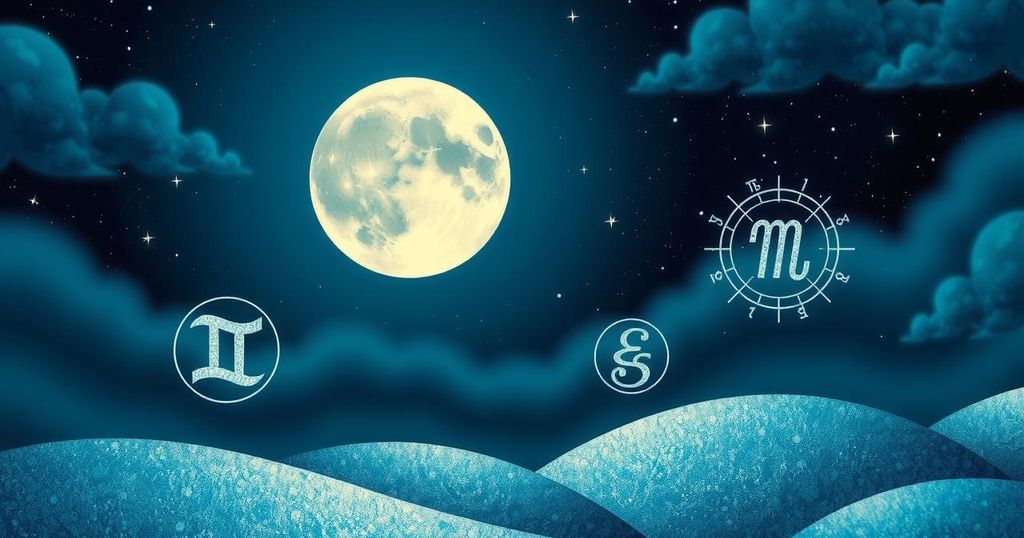 A mystical cosmic scene featuring a full moon, astrological symbols, and vibrant colour patterns representing energy.