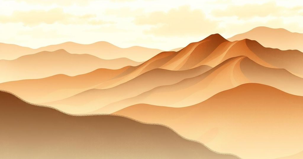 A serene image of a brown landscape with mountains and a calm sky, symbolising patience and positive vibes.