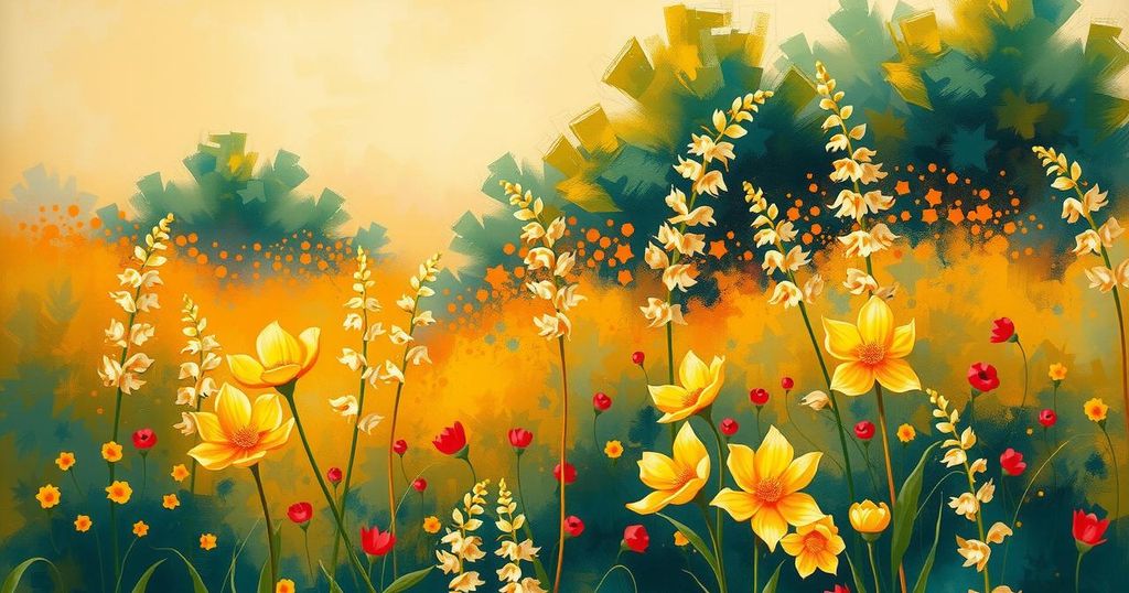 A vibrant saffron landscape symbolising positivity and growth, set in an impressionist style, evoking warmth and harmony.