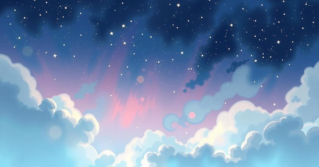 A dreamy starry sky with twinkling stars and soft clouds in pastel colours, symbolizing creativity and romance.
