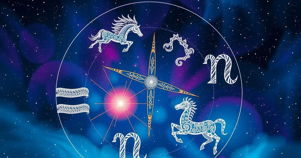 A celestial image depicting zodiac signs, stars, and constellations in a cosmic night sky.