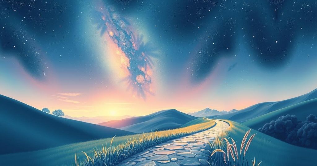 A serene landscape with a starry night sky illuminating a peaceful path leading to a bright horizon, symbolising achievement.
