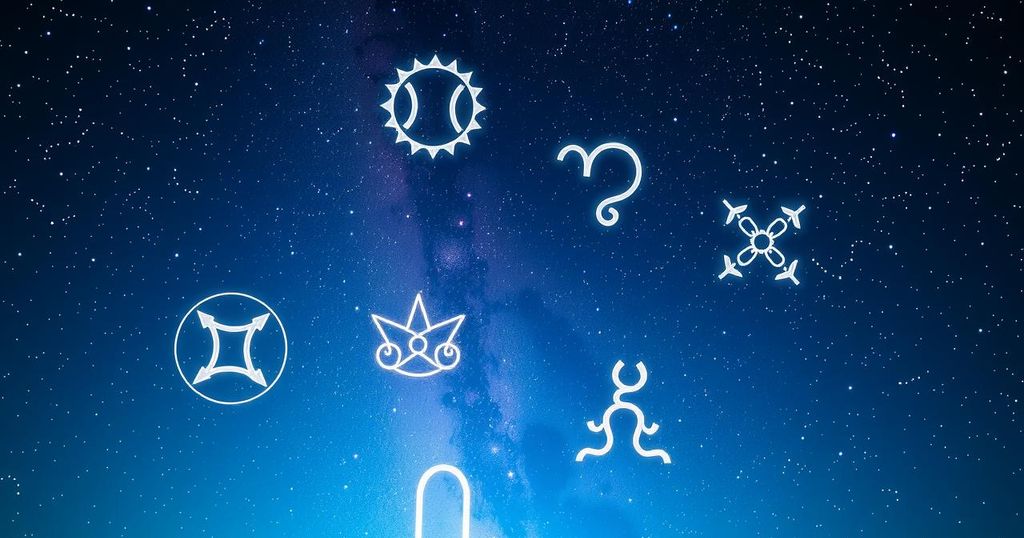 Astrological symbols and a starry night sky, representing zodiac signs and horoscopes for May.