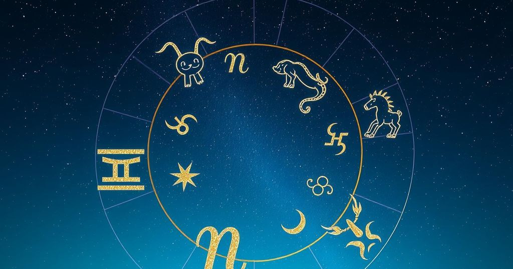 Daily horoscope overview with zodiac symbols against a starry night background in calming blue and gold tones.