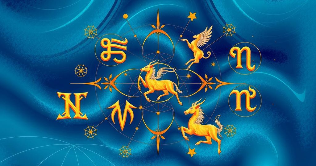 Astrological symbols and celestial elements representing the zodiac signs in a blue and gold colour scheme, bright design.