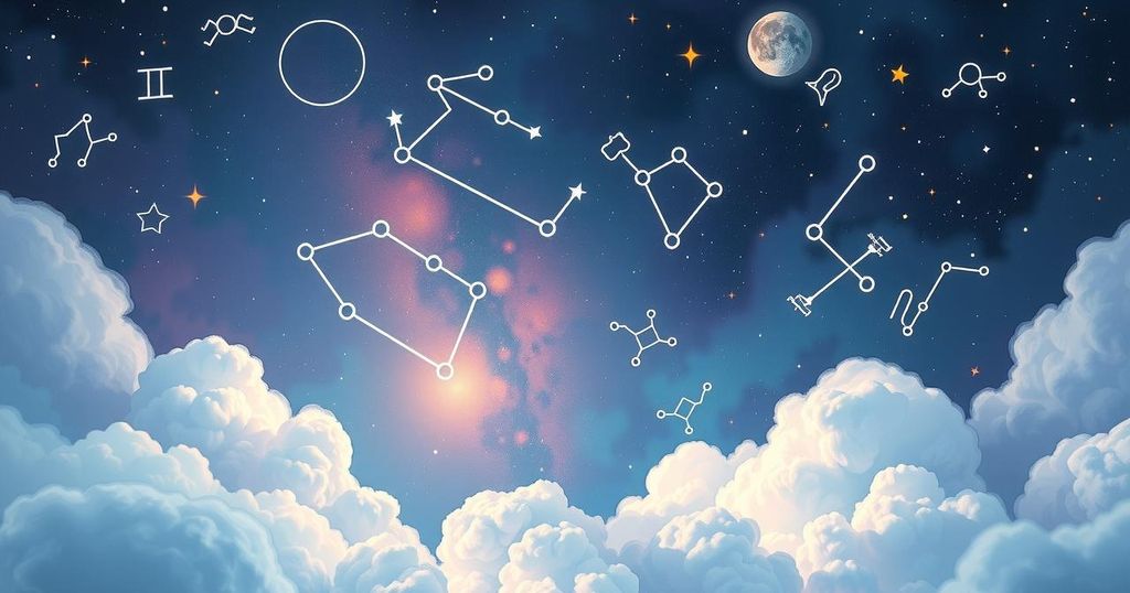 A celestial scene with constellations representing zodiac signs and soft pastel colours highlighting emotional themes.