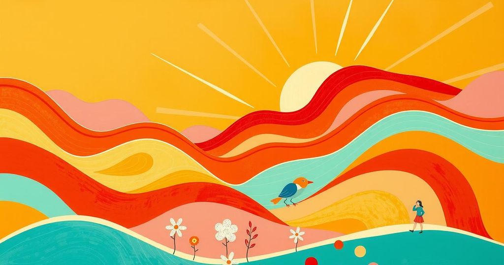 A vibrant orange landscape filled with happy abstract elements representing joy and harmony in daily life.