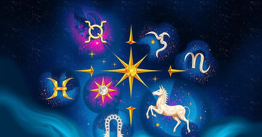 Astrological symbols of zodiac signs in a cosmic background, with vibrant colours symbolising energy and positivity.