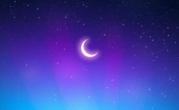 A vibrant night sky filled with stars, with a crescent moon illuminated in hues of blue and purple, symbolising astrology.