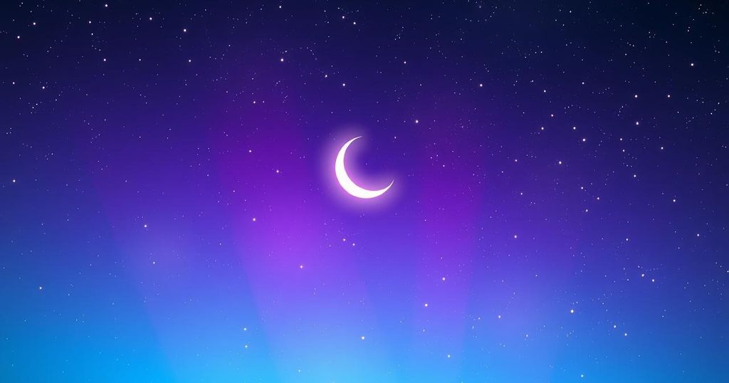 A vibrant night sky filled with stars, with a crescent moon illuminated in hues of blue and purple, symbolising astrology.