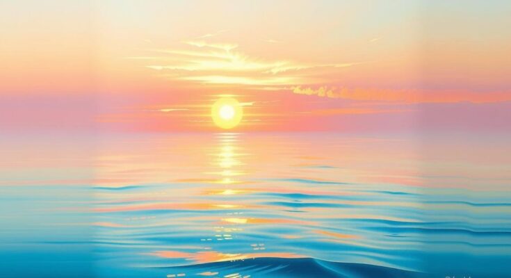 A serene sunset over a calm ocean symbolising emotional clarity and healing, with soft pastel hues.