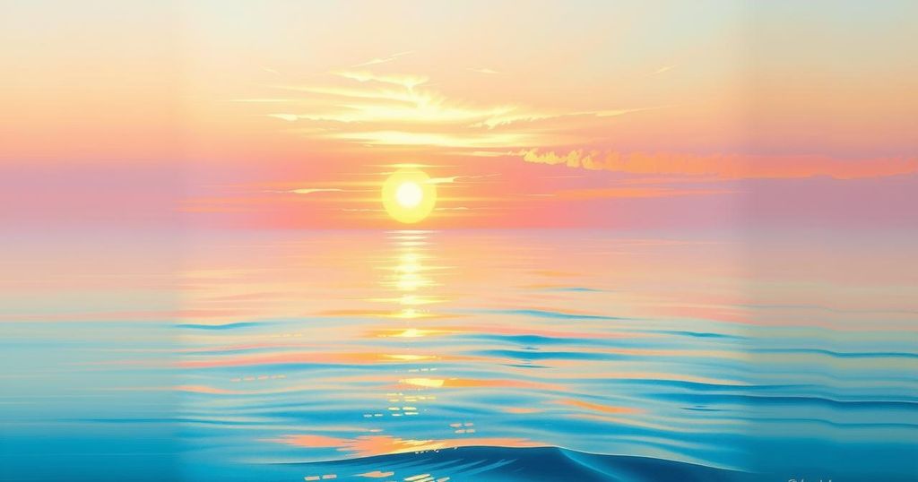 A serene sunset over a calm ocean symbolising emotional clarity and healing, with soft pastel hues.