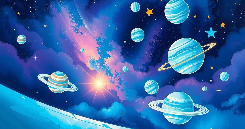 A vibrant cosmic scene depicting Gemini season with stars, planets, and astrological symbols in rich blues and purples.