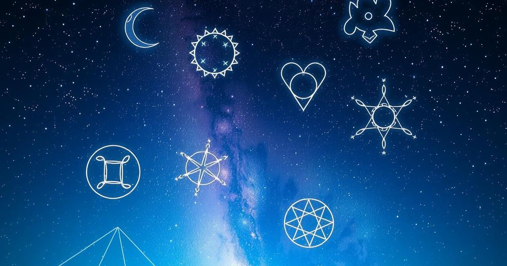 Astrological symbols overlaid with a dreamy night sky, depicting love and introspection themes.