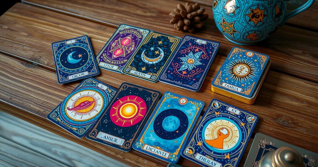 A mystical tarot deck with vibrant cards depicting zodiac symbols and celestial elements