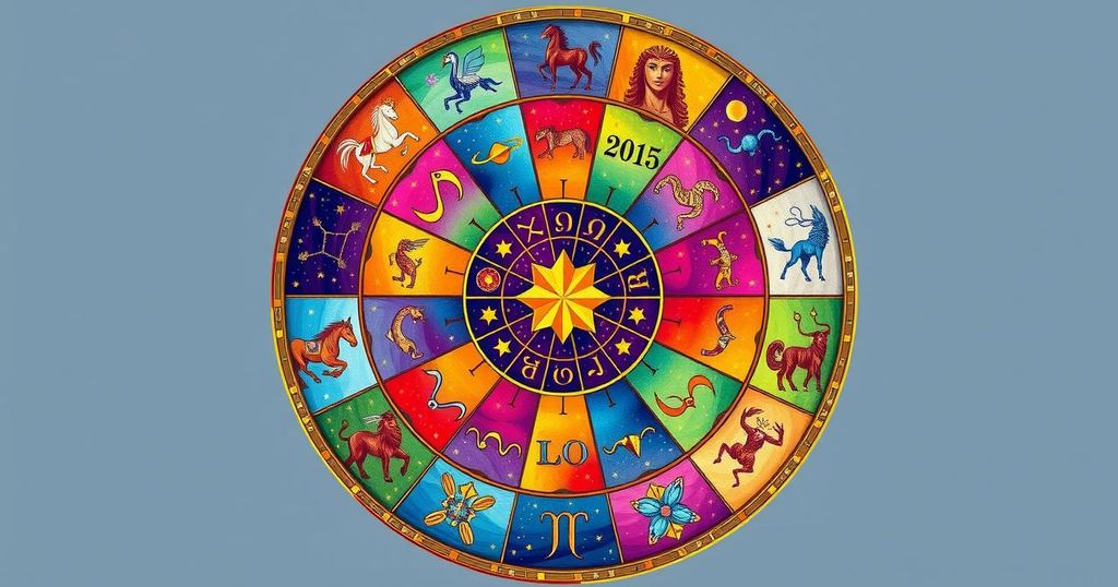 Astrological wheel with zodiac signs symbolising luck and fortune, colourful celestial background, artistic style