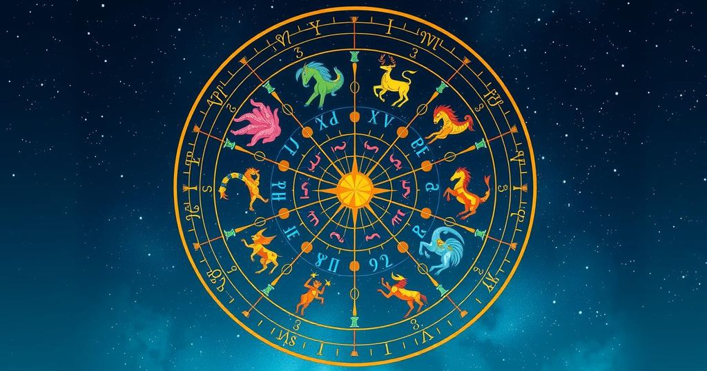 A colourful zodiac wheel with stars and constellations, representing astrology and horoscopes.
