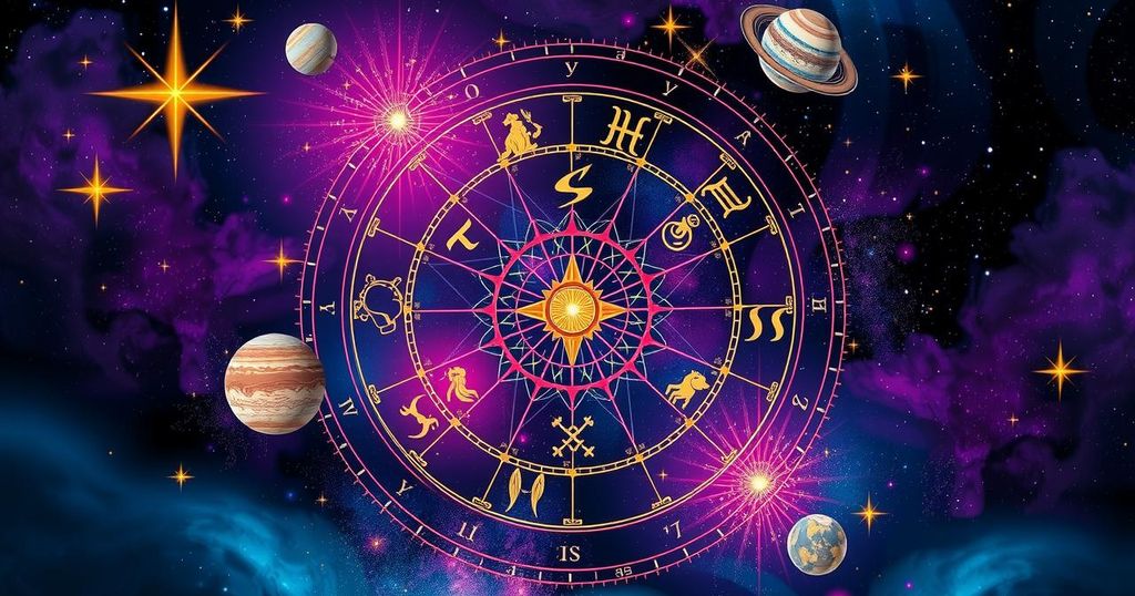 A zodiac wheel with symbols of different signs, surrounded by cosmic elements and vibrant colors in a mystical style.