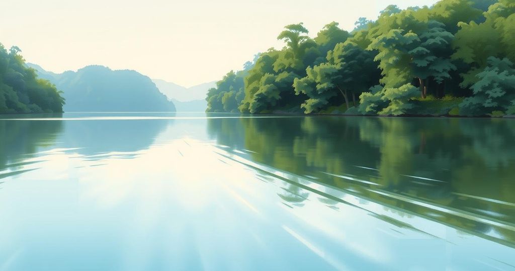 A serene landscape depicting calmness and reflection with soft pastel colours and gentle waves.