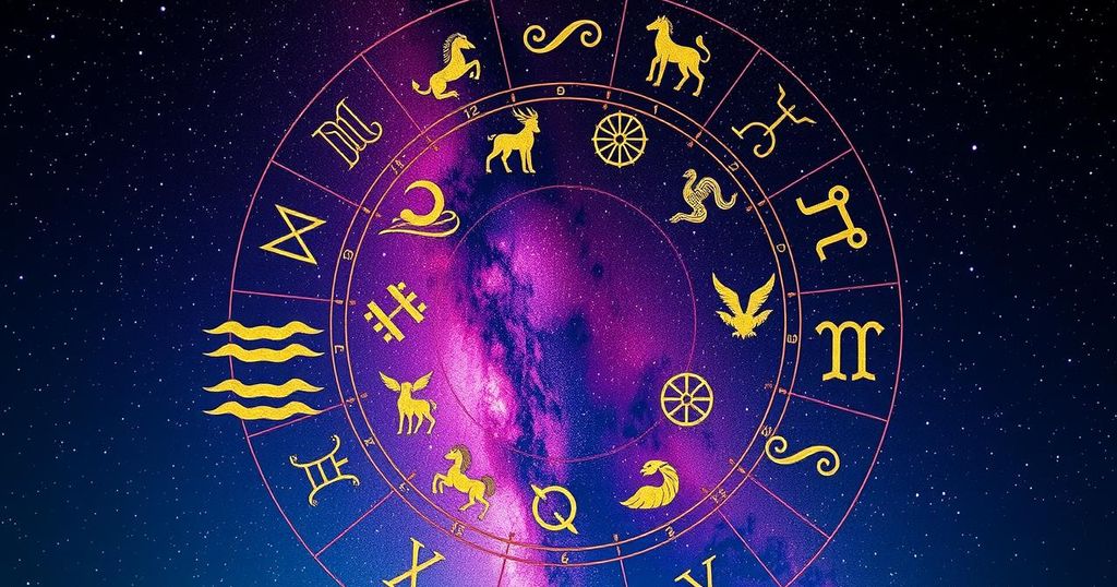 A harmonious astrological scene featuring zodiac symbols in vibrant colors, emphasising love and communication.