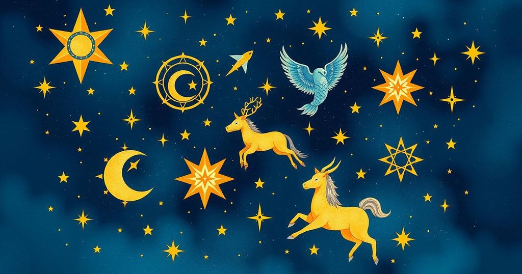 A cosmic design featuring zodiac symbols and celestial elements, blending hues of deep blue and gold.