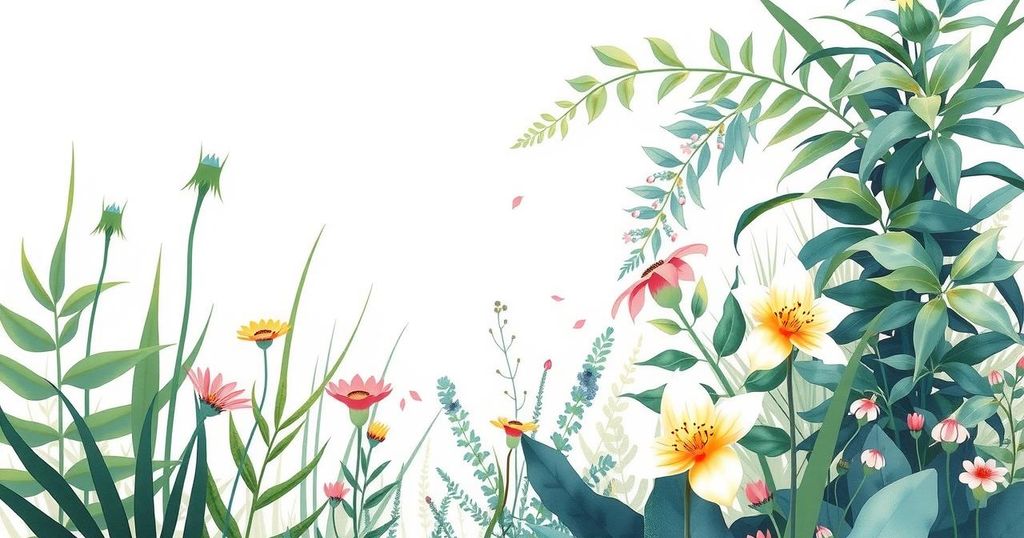 A serene landscape depicting growth and harmony, featuring lush greenery, blossoming flowers, in soft white tones.