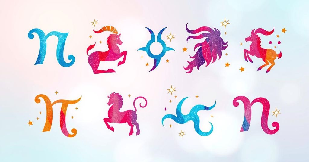 Astrological symbol illustrations with vibrant colours reflecting the zodiac signs.
