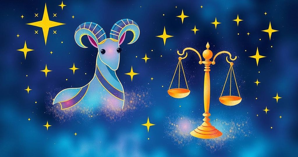A celestial theme with zodiac symbols and stars, featuring Aries and Libra in bold colours under a cosmic background.