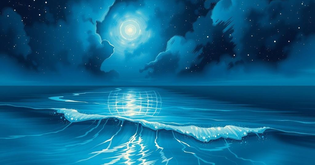 A serene night sky with glowing stars and a calm ocean, conveying peace and inspiration for creativity.