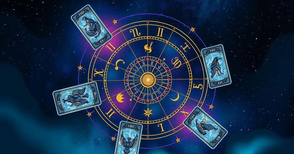 A celestial theme featuring a zodiac wheel, tarot cards, and a mystical night sky with stars for fresh starts.